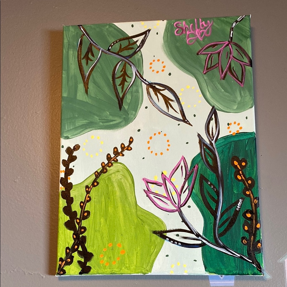 💚Abstract Green and Pink Floral Painting